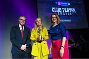 25 March 2023; Laura Ward of Sarsfields, Galway is presented with her 2022/23 Team of the Year award by Uachtarán an Cumann Camógaíochta Hilda Breslin, right, and Chief Marketing Officer of AIB, Mark Doyle during the AIB Camogie Club Player Awards 2023 at Croke Park in Dublin. Photo by David Fitzgerald/Sportsfile