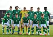 25 March 2023; The Republic of Ireland team, backrow from left, Alex Murphy, James Golding, Owen Mason, Mark O'Mahony, Sean Grehan and James Abankwah, alongside front row from left, Rocco Vata, James McManus, Edward McJannet, Harry Vaughan and Kevin Zefi, before the UEFA European Under-19 Championship Elite Round match between Republic of Ireland and Estonia at Ferrycarrig Park in Wexford. Photo by Sam Barnes/Sportsfile