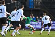 25 March 2023; Kevin Zefi of Republic of Ireland in action against Andreas Vaher of Estonia, right, during the UEFA European Under-19 Championship Elite Round match between Republic of Ireland and Estonia at Ferrycarrig Park in Wexford. Photo by Sam Barnes/Sportsfile