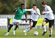 25 March 2023; James Abankwah of Republic of Ireland in action against Martin Vetkal, 8, and Hugo Palutaja of Estonia during the UEFA European Under-19 Championship Elite Round match between Republic of Ireland and Estonia at Ferrycarrig Park in Wexford. Photo by Sam Barnes/Sportsfile