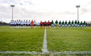25 March 2023; Players and officials stand for the national anthems before the UEFA European Under-19 Championship Elite Round match between Republic of Ireland and Estonia at Ferrycarrig Park in Wexford. Photo by Sam Barnes/Sportsfile