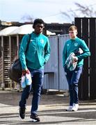 25 March 2023; James Abankwah of Republic of Ireland, left, arrives before the UEFA European Under-19 Championship Elite Round match between Republic of Ireland and Estonia at Ferrycarrig Park in Wexford. Photo by Sam Barnes/Sportsfile