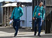 25 March 2023; Republic of Ireland players James Abankwah, left, and James Golding, right, arrive before the UEFA European Under-19 Championship Elite Round match between Republic of Ireland and Estonia at Ferrycarrig Park in Wexford. Photo by Sam Barnes/Sportsfile