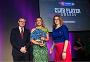 25 March 2023; Mairéad Eviston of Drom & Inch, Tipperary is presented with her 2022/23 Team of the Year award by Uachtarán an Cumann Camógaíochta Hilda Breslin, right, and Chief Marketing Officer of AIB, Mark Doyle during the AIB Camogie Club Player Awards 2023 at Croke Park in Dublin. Photo by David Fitzgerald/Sportsfile
