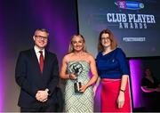 25 March 2023; Róisín McCormick of Loughgiel Shamrocks, Antrim is presented with her 2022/23 Ulster Provincial Player of the Year award by Uachtarán an Cumann Camógaíochta Hilda Breslin, right, and Chief Marketing Officer of AIB, Mark Doyle during the AIB Camogie Club Player Awards 2023 at Croke Park in Dublin. Photo by David Fitzgerald/Sportsfile