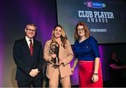25 March 2023; Aishling Maher of St Vincents, Dublin is presented with her 2022/23 Leinster Provincial Player of the Year award by Uachtarán an Cumann Camógaíochta Hilda Breslin, right, and Chief Marketing Officer of AIB, Mark Doyle during the AIB Camogie Club Player Awards 2023 at Croke Park in Dublin. Photo by David Fitzgerald/Sportsfile