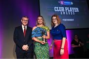 25 March 2023; Mairéad Eviston of Drom & Inch, Tipperary is presented with her 2022/23 Munster Provincial Player of the Year award by Uachtarán an Cumann Camógaíochta Hilda Breslin, right, and Chief Marketing Officer of AIB, Mark Doyle during the AIB Camogie Club Player Awards 2023 at Croke Park in Dublin. Photo by David Fitzgerald/Sportsfile