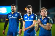 24 March 2023; Liam Turner, right, Harry Byrne and Max Deegan, left, of Leinster following the United Rugby Championship match between Leinster and DHL Stormers at the RDS Arena in Dublin. Photo by Stephen McCarthy/Sportsfile