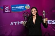 25 March 2023; Niamh McGrath of Sarsfields, Galway with her 2022/23 Player of the Year and Team of the Year award during the AIB Camogie Club Player Awards 2023 at Croke Park in Dublin. Photo by David Fitzgerald/Sportsfile