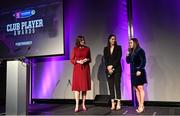 25 March 2023; 2022/23 Player of the Year Niamh McGrath, centre, and 2021/23 Player of the Year Siobhán McGrath, right, of Sarsfields, Galway speak to host Grainne McElwain during the AIB Camogie Club Player Awards 2023 at Croke Park in Dublin. Photo by David Fitzgerald/Sportsfile