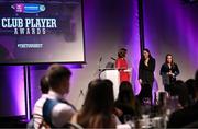 25 March 2023; 2022/23 Player of the Year Niamh McGrath, centre, and 2021/23 Player of the Year Siobhán McGrath, right, of Sarsfields, Galway speak to host Grainne McElwain during the AIB Camogie Club Player Awards 2023 at Croke Park in Dublin. Photo by David Fitzgerald/Sportsfile