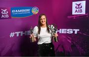 25 March 2023; Shelley Kehoe of Oulart The Ballagh, Wexford with her 2022/23 Leinster Player of the Year and Team of the Year award during the AIB Camogie Club Player Awards 2023 at Croke Park in Dublin. Photo by David Fitzgerald/Sportsfile