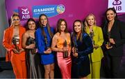 25 March 2023; Sarsfields, Galway players, from left, Maria Cooney, Reitseal Kelly, Laura Glynn, Tara Kenny, Siobhan McGrath, Laura Ward and Niamh McGrath  during the AIB Camogie Club Player Awards 2023 at Croke Park in Dublin. Photo by David Fitzgerald/Sportsfile