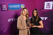 25 March 2023; Aishling Maher, left, and Aine Woods of St Vincents, Dublin with their 2022/23 Team of the Year awards during the AIB Camogie Club Player Awards 2023 at Croke Park in Dublin. Photo by David Fitzgerald/Sportsfile