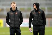 26 March 2023; Rian O'Neill, left, and Connaire Mackin of Armagh before the Allianz Football League Division 1 match between Tyrone and Armagh at O'Neill's Healy Park in Omagh, Tyrone. Photo by Ramsey Cardy/Sportsfile