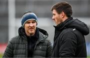 26 March 2023; Kerry coach Paddy Tally, left, speaks with Shane Walsh of Galway before the Allianz Football League Division 1 match between Galway and Kerry at Pearse Stadium in Galway. Photo by Brendan Moran/Sportsfile