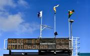 26 March 2023; A general view of the sccoreboard as the flags flutter in the wind before the Allianz Football League Division 1 match between Mayo and Monaghan at Hastings Insurance MacHale Park in Castlebar, Mayo. Photo by Ben McShane/Sportsfile
