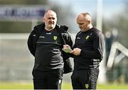 26 March 2023; Donegal joint interim managers Aidan O'Rourke, left, and Paddy Bradley during the Allianz Football League Division 1 match between Roscommon and Donegal at Dr Hyde Park in Roscommon. Photo by Sam Barnes/Sportsfile