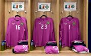 26 March 2023; Republic of Ireland goalkeepers' jerseys, from left, Tiernan Brooks, Jimmy Corcoran and Josh Keeley hang in the dressing room before the Under-21 international friendly match between Republic of Ireland and Iceland at Turners Cross in Cork. Photo by Seb Daly/Sportsfile