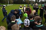 26 March 2023; Andrew Porter and Jack Conan meet players from London Irish during a Leinster Rugby Blitz at De La Salle Palmerston RFC in Dublin. Photo by Harry Murphy/Sportsfile