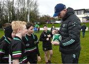 26 March 2023; Jack Conan meets players from London Irish during a Leinster Rugby Blitz at De La Salle Palmerston RFC in Dublin. Photo by Harry Murphy/Sportsfile