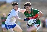 26 March 2023; Sam Callinan of Mayo is tackled by Stephen O'Hanlon of Monaghan during the Allianz Football League Division 1 match between Mayo and Monaghan at Hastings Insurance MacHale Park in Castlebar, Mayo. Photo by Ben McShane/Sportsfile