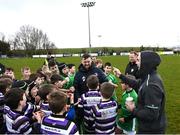 26 March 2023; Andrew Porter and James Lowe meet players from Terenure College and London Irish during a Leinster Rugby Blitz at De La Salle Palmerston RFC in Dublin. Photo by Harry Murphy/Sportsfile