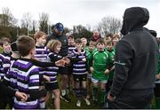 26 March 2023; James Lowe and Jack Conan meet players from Terenure College and London Irish during a Leinster Rugby Blitz at De La Salle Palmerston RFC in Dublin. Photo by Harry Murphy/Sportsfile