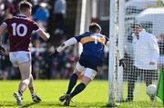 26 March 2023; The ball ends up in the net after slipping through the hands of Kerry goalkeeper Shane Murphy resulting in Galway's first goal during the Allianz Football League Division 1 match between Galway and Kerry at Pearse Stadium in Galway. Photo by Brendan Moran/Sportsfile