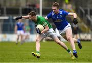 26 March 2023; Ryan Jones of Fermanagh in action against Jack McKenna of Cavan during the Allianz Football League Division 3 match between Cavan and Fermanagh at Kingspan Breffni in Cavan. Photo by Matt Browne/Sportsfile