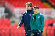 26 March 2023; Republic of Ireland captain Joe Hodge, right, and Ollie O’Neill before the Under-21 international friendly match between Republic of Ireland and Iceland at Turners Cross in Cork. Photo by Seb Daly/Sportsfile