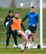 26 March 2023; Evan Ferguson and Seamus Coleman, right, during a Republic of Ireland training session at the FAI National Training Centre in Abbotstown, Dublin. Photo by Stephen McCarthy/Sportsfile
