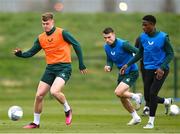 26 March 2023; Evan Ferguson with Seamus Coleman and Chiedozie Ogbene, right, during a Republic of Ireland training session at the FAI National Training Centre in Abbotstown, Dublin. Photo by Stephen McCarthy/Sportsfile