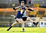 26 March 2023; Ciaráin Murtagh of Roscommon has his shot saved by Donegal goalkeeper Shaun Patton during the Allianz Football League Division 1 match between Roscommon and Donegal at Dr Hyde Park in Roscommon. Photo by Sam Barnes/Sportsfile