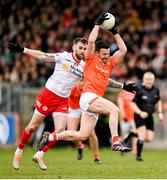 26 March 2023; Aidan Forker of Armagh in action against Ronan McNamee of Tyrone during the Allianz Football League Division 1 match between Tyrone and Armagh at O'Neill's Healy Park in Omagh, Tyrone. Photo by Ramsey Cardy/Sportsfile