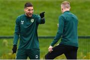 26 March 2023; Matt Doherty, left, and James McClean during a Republic of Ireland training session at the FAI National Training Centre in Abbotstown, Dublin. Photo by Stephen McCarthy/Sportsfile