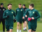 26 March 2023; Robbie Brady, left, and Seamus Coleman during a Republic of Ireland training session at the FAI National Training Centre in Abbotstown, Dublin. Photo by Stephen McCarthy/Sportsfile