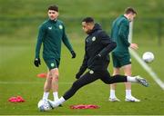 26 March 2023; Adam Idah and Robbie Brady, left, during a Republic of Ireland training session at the FAI National Training Centre in Abbotstown, Dublin. Photo by Stephen McCarthy/Sportsfile
