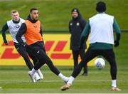 26 March 2023; Adam Idah and James McClean, left, during a Republic of Ireland training session at the FAI National Training Centre in Abbotstown, Dublin. Photo by Stephen McCarthy/Sportsfile
