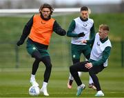 26 March 2023; Jeff Hendrick, left, with Matt Doherty and Mark Sykes, right, during a Republic of Ireland training session at the FAI National Training Centre in Abbotstown, Dublin. Photo by Stephen McCarthy/Sportsfile