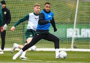 26 March 2023; Adam Idah and Nathan Collins, left, during a Republic of Ireland training session at the FAI National Training Centre in Abbotstown, Dublin. Photo by Stephen McCarthy/Sportsfile