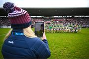 26 March 2023; Galway public relations officer Michelle Healy takes a photo of the Kerry team before the Allianz Football League Division 1 match between Galway and Kerry at Pearse Stadium in Galway. Photo by Brendan Moran/Sportsfile