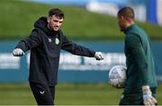 26 March 2023; Troy Parrott, left, and goalkeeper Gavin Bazunu during a Republic of Ireland training session at the FAI National Training Centre in Abbotstown, Dublin. Photo by Stephen McCarthy/Sportsfile