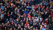26 March 2023; Louth supporters, in the Hogan Stand, celebrate their side's 48th minute goal during the Allianz Football League Division 2 match between Dublin and Louth at Croke Park in Dublin. Photo by Ray McManus/Sportsfile