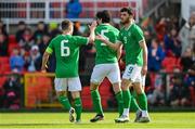 26 March 2023; Tom Cannon of Republic of Ireland, right, celebrates with teammate Joe Hodge, 6, after scoring their side's first goal during the Under-21 international friendly match between Republic of Ireland and Iceland at Turners Cross in Cork. Photo by Seb Daly/Sportsfile