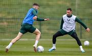 26 March 2023; Jason Knight in action against Alan Browne, right, during a Republic of Ireland training session at the FAI National Training Centre in Abbotstown, Dublin. Photo by Stephen McCarthy/Sportsfile