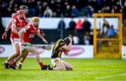 26 March 2023; Billy Drennan of Kilkenny is tackled by Cork players, from left, Damien Cahalane, Ciarán Joyce and Niall O’Leary resulting in a penalty being awarded during the Allianz Hurling League Division 1 Semi Final match between Kilkenny and Cork at UMPC Nowlan Park in Kilkenny. Photo by David Fitzgerald/Sportsfile