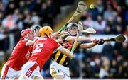 26 March 2023; Billy Drennan of Kilkenny is tackled by Cork players, from left, Damien Cahalane, Ciarán Joyce and Niall O’Leary resulting in a penalty being awarded during the Allianz Hurling League Division 1 Semi Final match between Kilkenny and Cork at UMPC Nowlan Park in Kilkenny. Photo by David Fitzgerald/Sportsfile