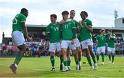 26 March 2023; Johnny Kenny of Republic of Ireland, 17, celebrates with teammates after scoring their side's second goal during the Under-21 international friendly match between Republic of Ireland and Iceland at Turners Cross in Cork. Photo by Seb Daly/Sportsfile