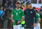 26 March 2023; Republic of Ireland manager Jim Crawford and Tom Cannon after their side's victory in the Under-21 international friendly match between Republic of Ireland and Iceland at Turners Cross in Cork. Photo by Seb Daly/Sportsfile